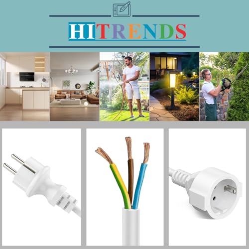 HITRENDS Kabel przedłużający IP44 na zewnątrz z 2 gniazdami Schuko, 2 m, 3 x 1,0 mm², czysta miedź, PCW, 250 V/13 A/3250 W, odporny na warunki atmosferyczne, do ogrodu, biura, domu, biały