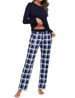 Uniexcosm Pijama Mujer Largo, Pijama Mujer Cuadros Pijama Conjunto Mujer Algodón Conjuntos de Pijama con Cuello Redondo Plaid Pajamas 2 Piezas con Bolsillo Suave para Hogar A:Azul Marino L | Ya disponible en tu tienda friki favorita! En mundofriki.es!