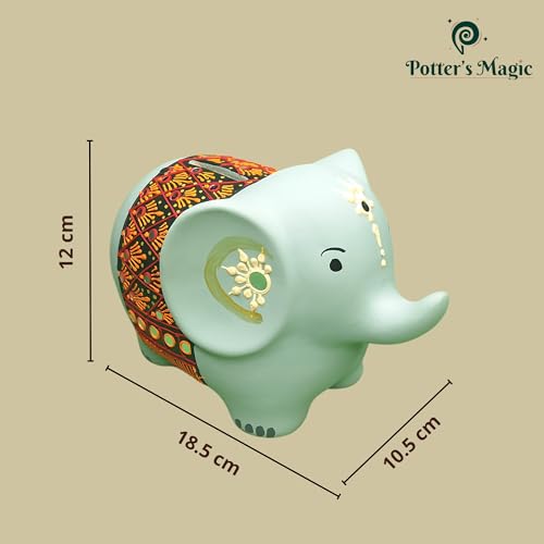 Image of Potter's Magic Ceramic Hand Painted Elephant Piggy Bank with Lock | Modern Lucky Money Bank | Piggy Bank for Womens | Mitti Ka Gullak | kiddy Bank for Boys & Girls (Without Glaze)