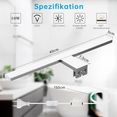 Aogled Lampada Da Specchio Bagno 40CM Con Interruttore,10W Applique Bagno Bianco Freddo 6500K＆820LM,230V Luce Specchio Led Classe Ii - 2