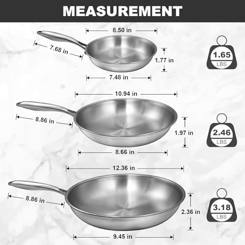 EWFEN Tri-Ply Stainless Steel Frying Pans Set, 8”/10”/12” Cooking pans, PFOA&PTFE Free Skillet, Induction Cooking Pan, Dishwasher and Oven Safe, Fast & Even Heat, Heavy Duty and Detachable Handle by EWFEN - Used condition - Image 2