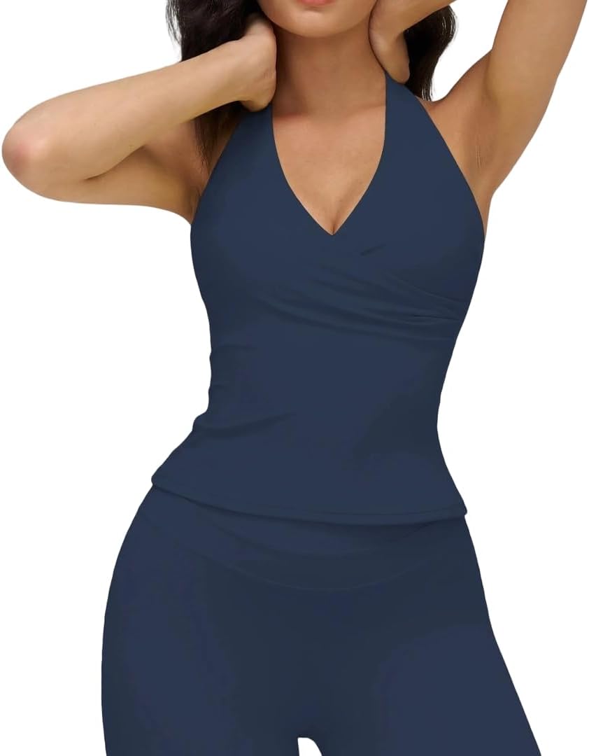 Women's Backless Halter Neck Yoga Tank top, V-Neck Vest, Sports Bra with Removable Padding