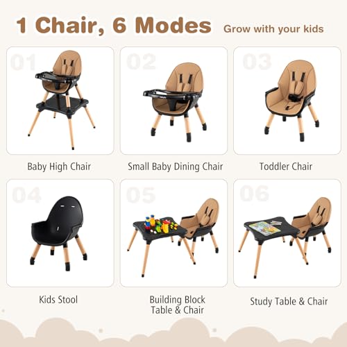 Image of BABY JOY 6 in 1 High Chair, Convertible High Chairs for Babies and Toddlers /Booster Seat /Table and Chair Set, Infant Wooden Highchair w / 5-Point Harness, 4-Position Removable Tray & PU Cushion, Coffee
