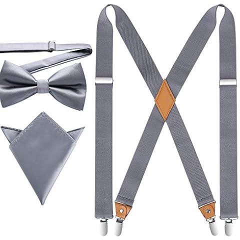 HISDERN Tirantes para Hombres Gris con 4 clips Muy Fuertes en Suspender Ajustable Paisley Conjunto Pajarita Bolsillo Cover