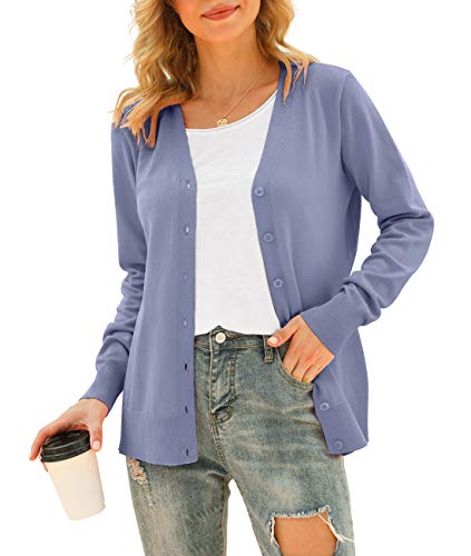 VIISHOW Women Long Sleeve Button Down V Neck Lightweight Cute Knit Sweater Cardigan, Purple Gray, Large