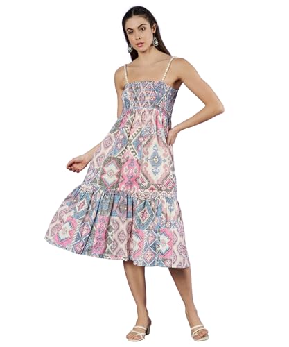Image of COTLAND Fashions Breathable Cotton Printed A-Line Midi Dress for Women