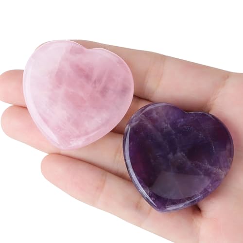YATOJUZI Juego de 2 piedras de preocupación para el pulgar para curar la ansiedad, amatista, cuarzo rosa, corazón, piedras preciosas de bolsillo, piedras de cristal natural talladas a mano, piedra de