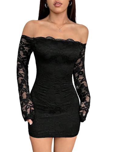 SweatyRocks Damen Spitzenkleid Elegant Off Shoulder Minikleid Langarm Kleid Bodycon Partykleid mit Spitze Figurbetontes Kleid Festival Outfit Schwarz...