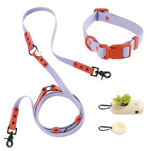 THE LICKER Store WLK1005E-5SET Luna Medium 8FT Adjustable 6-in-1 Waterproof Hands-Free Leash and Collar with LED Flashlight, Bag Dispenser, and Poop Bag Holder, Sangria