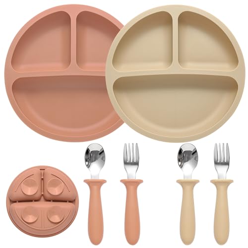 Image of Eascrozn Silicone Baby Feeding Set, 2 Pack Divided Suction Plates for Baby, 2 Pack Spoons and Forks Set Baby Eating Essentials, Feeding Supplies for Toddler Utensils, BPA Free