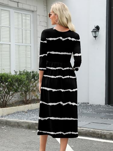 Image of Heymoments Women's Casual 3 /4 Sleeve Midi Dress Crewneck A Line Tiered Flowy Loose Travel Long Dresses with Pockets