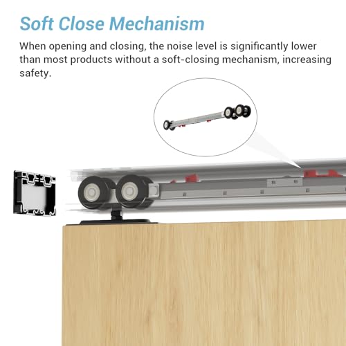 Kit de herrajes para puertas correderas de clóset de aluminio resistente de 72 pulgadas (6 pies), con mecanismo de cierre suave, para sistema de 2 puertas, desliza suave y silenciosamente, compatible con espesores de puerta de 1 3/8" o 1 3/4" miniatura 3