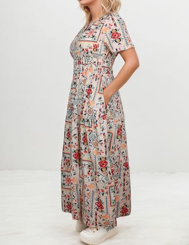 Image of Women's Summer Boho Maxi Dresses Floral V Neck Tiered Short Sleeve Long Dress Flowy Beach Vacation Dress with Pockets