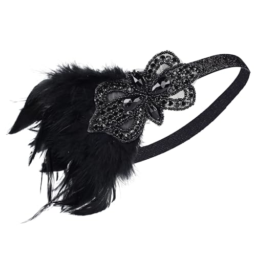 LOWOSAIWOR Gatsby Headpiece 1920s Costume Headbands for Girl flapper feather headband for 1920s theme party (Black Crystal+Black Feather)