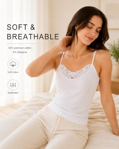 Image of Womens Tank Top Camisoles with Premium Cotton Italian Design - Trimmed with Flower Lace on Neckline