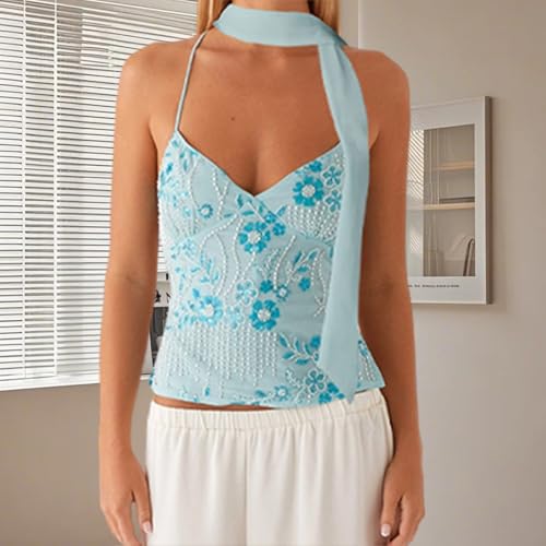 Nicoxijia Women's Y2k Sequin Sparkle Halter Crop Tops Sexy V Neck Beaded Cami Tank Embellished Party Going Out Top with Scarf (Blue, M) - Image 4