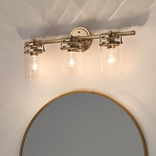 Image of Kichler Brinley 24 inch 3-Light Bathroom Vanity Light Fixture with Clear Glass in Champagne Bronze, Modern Farmhouse Mason Jar Style for Mirror Lighting (24 inch W x 10.25 inch H), 45689CPZ