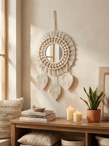 Image of JH Gallery Macrame Wall Decor Mirror - Round Cotton Rope Boho Hanging with Fringe & Beads for Stylish Home Decor, Macrame Wall Mirror for Bedroom, Living Room and Office Decor.(White)