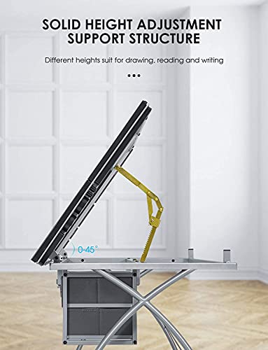 Kealive Adjustable Drafting Table, X-Cross Glass Top Drawing Table Art Desk Hobby Table Writing Desk Art and Craft Station with Drawers and Tray, Silver