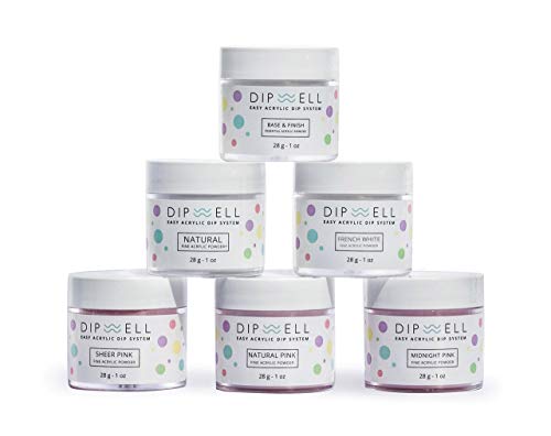 DipWell Nails Dip Powder Nail Kit - Starter Set with French White, Natural, Midnight Pink, Sheer Pink, Clear Finish