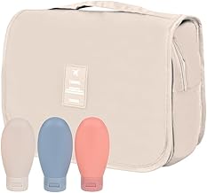 Travel Kit for Toiletries - Toiletry Bag with Refillable Food Grade Travel Bottles (Set of 3), Multipurpose Hanging Toiletry Pouch for Women and Men, Cosmetic Makeup Organizer - Beige
