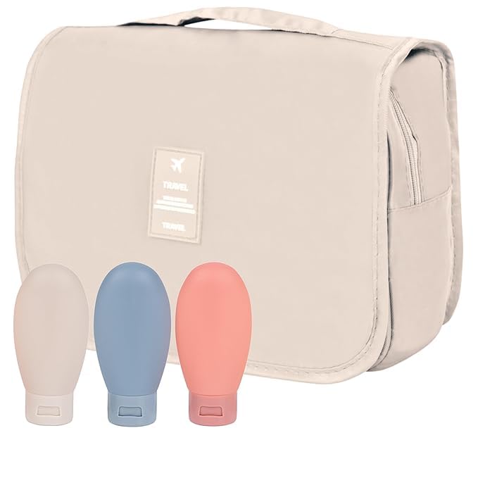 Travel Kit for Toiletries - Toiletry Bag with Refillable Food Grade Travel Bottles (Set of 3), Multipurpose Hanging Toiletry Pouch for Women and Men, Cosmetic Makeup Organizer - Beige-image-46