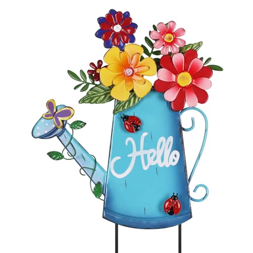 hogardeck Garden Decor for Outside, Metal Watering Can Decorative Garden Stakes with Flowers, Yard Art Welcome Spring Signs for Outdoor Lawn Backyard Porch Patio Garden Decorations
