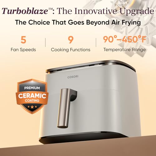 Cosori 9-in-1 TurboBlaze Air Fryer 6 Qt, Premium Ceramic Coating, 90°–450°F, Precise Heating for Even Results, Air Fry, Roast, Bake, Broil, Dry, Frozen, Proof, Reheat, Keep Warm, 120V, Light Gray by Cosori - Image 2