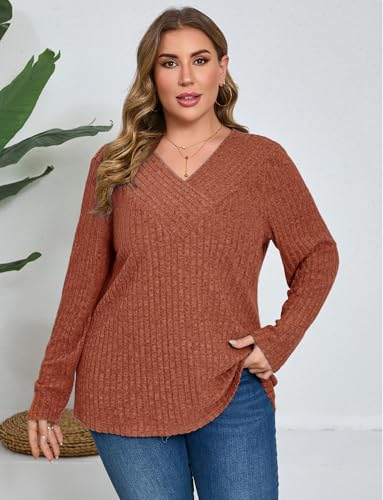 Image of Plus Size Sweaters for Women Casual V Neck Tops Long Sleeve Shirts Oversized Lightweight Knit Sweater