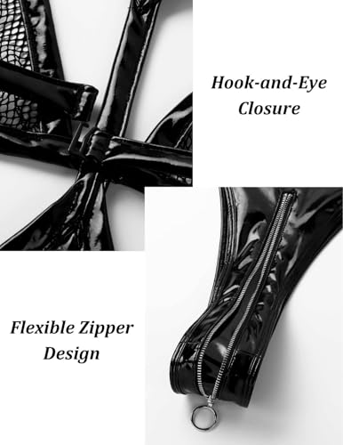 ROSVAJFY Damen Sexy Leder Mesh Reißverschluss Body Neckholder Teddy Bodysuit Wetlook Latex Catsuit Einteiliger Jumpsuit Transparente Netz Negligee Hohles Bikini Dessous Party Clubwear Outfit (XXL)