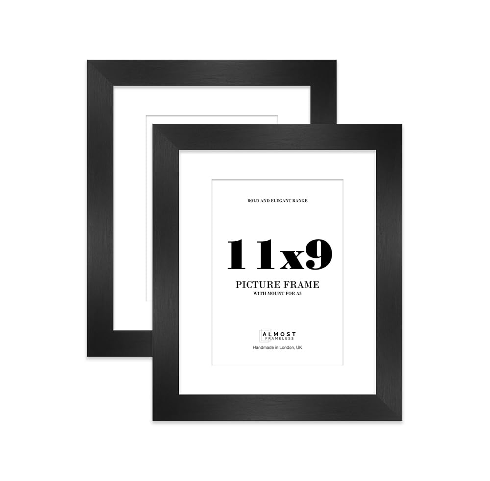 11x9 Black Frame With Mount for A5 Pictures 28mm Edge Portrait and Landscape Display with Wall Hooks and Kickstand, 2 Pack