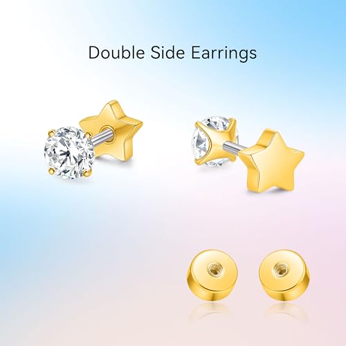 limerencia Hypoallergenic G23 Implant Grade Titanium Flat Back Earrings Double Sided Star/Heart Screw Back Stud Earrings with Cubic Zircinia for Women Men (Star Golden,4mm) by limerencia - Image 5