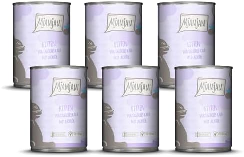 MjAMjAM - Premium Nassfutter für Katzen - Kitten vorzügliches Kalb mit Lachsöl, 6er Pack (6 x 400 g), getreidefrei mit extra viel Fleisch