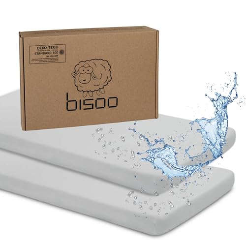 Bisoo Sabanas Cuna 70x130 Algodon Impermeables - Set de 2 - Protector Cuna 130x70 - Sabana Bajera Impermeable Cuna 70x130 - Ropa Cuna Bebe de Algodon Jersey Oeko-Tex - 2 Sábanas Gris 130x70