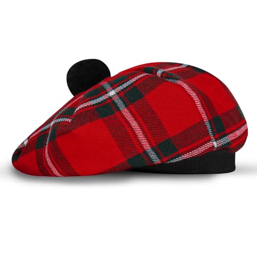 Image of Scottish Tam O' Shanter Hat Tartan Bonnet Pom Pom Wool Flat Cap One Size