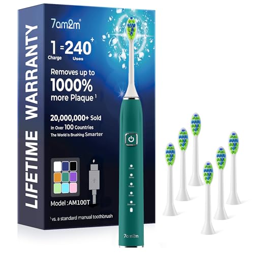 Image of 7AM2M Sonic Electric Toothbrush for Adults,Type-C Charging Run for 120 Days | 6 Brush Heads & 5 Modes, 40000VPM Powered Rechargeable Toothbrush, Smart Timer,IPX7 Waterproof, Travel&Home Use,Peacock Green