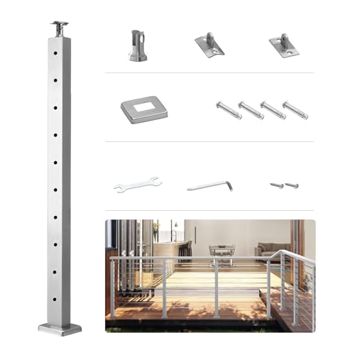 VEVOR Poste de Barandilla de Cable con Orificio Horizontal de Acero de 91,4 x 2,5 x 5 cm, 10 Orificios Preperforados, Acero Inoxidable SUS304 con Soporte Horizontal y Curvado, 1 Paquete, Plateado