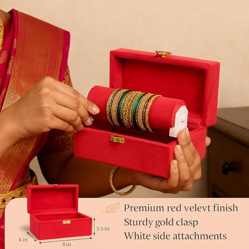 Image of DigiRake Bangle Organizer Box - Travel Friendly Jewellery Case for Women, Red Velvet Bangle Storage for Women & Bridal Gifting