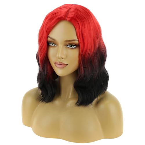 Image of BERON Red Ombre Black Wigs for Women Short Curly Wavy Red and Black Hair Wig Girls Ombre Color Synthetic Costume Cosplay Wig