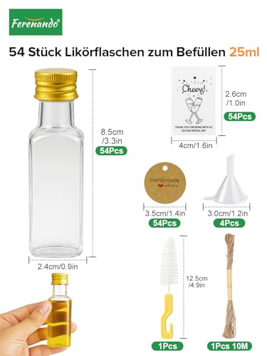 Ferenando 54 Stk 25ml Kleine Flaschen zum Befüllen Kunststoff mit Aluminiumdeckel, Kleine Schnapsflaschen zum Befüllen, Wiederverwendbare Mini Flaschen Likörflaschen mit Etikett für Hochzeiten Party