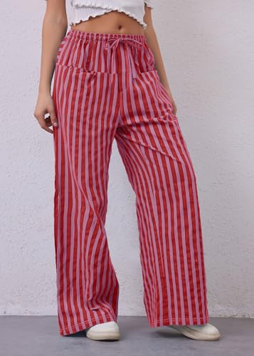 Image of MISSACTIVER Women Drawstring Striped Pants Loose Wide Leg Trousers Casual Low Waist Pants Comfy Lounge Pants with Pockets
