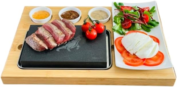1 x Bull Engraved Bamboo Board 7 Piece Set for Meat, Fish, Veg, Steak - Cooking Stone Set - Sizzling Hot Plate with Bowls
