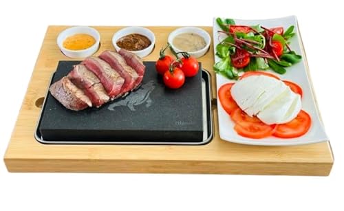 Higoshi 1 x Bull Engraved Bamboo Board 7 Piece Set for Meat, Fish, Veg, Steak - Cooking Stone Set - Sizzling Hot Plate with Bowls
