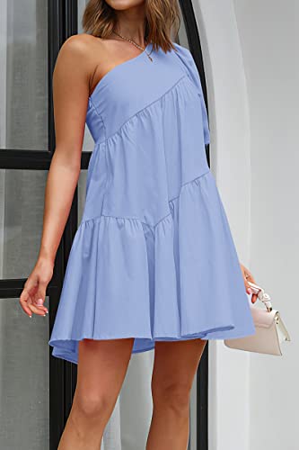 Image of KIRUNDO Summer One Shoulder Mini Baby Doll Dresses Women 2026 Casual Puff Sleeve Loose Tiered A Line Flowy Short Dress