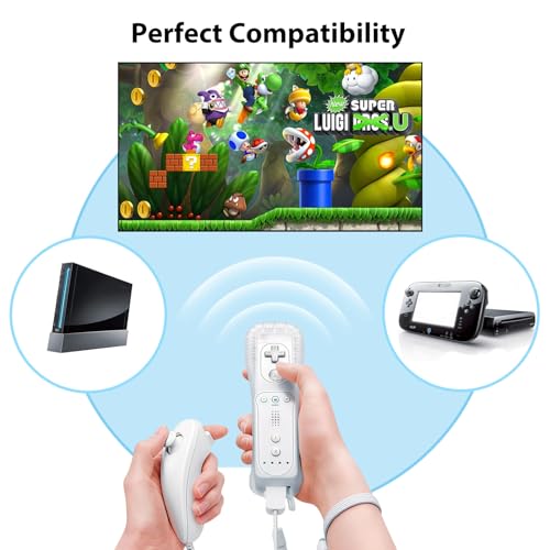 Image of HZIME Replacement Remote Controller Compatible for Wii & Wii U, Built-in 2 in 1 Motion Plus with Silicon Case and Nunchuck (2 Pack White & Black)