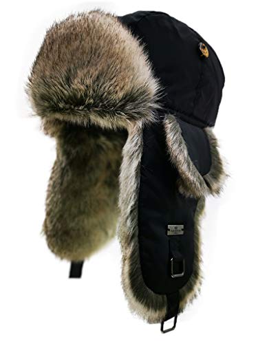 FUR WINTER Taslon Faux Fur Aviator Ski Trapper Trooper Pilot Hat BLK/Gry M/L