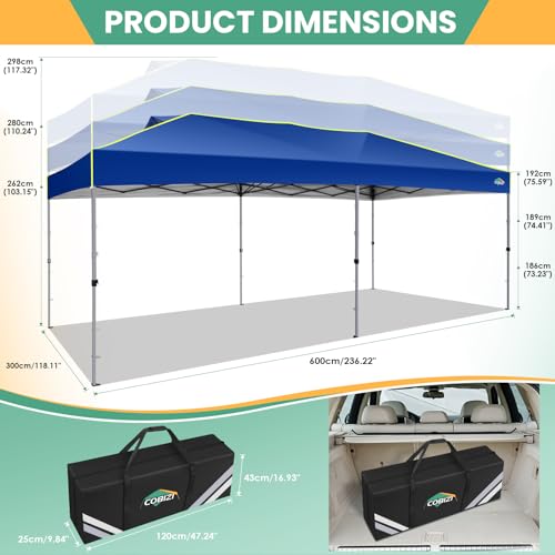 Image of COBIZI 10x20 Pop Up Canopy Tent, Outdoor Party Tent Without Sidewall One Push Setup Glow, 3 Adjustable Height Air Vent Waterproof UPF50+, Bag, 4 Sandbag, 6 Stake, 12 Rope for Beach, Commercial