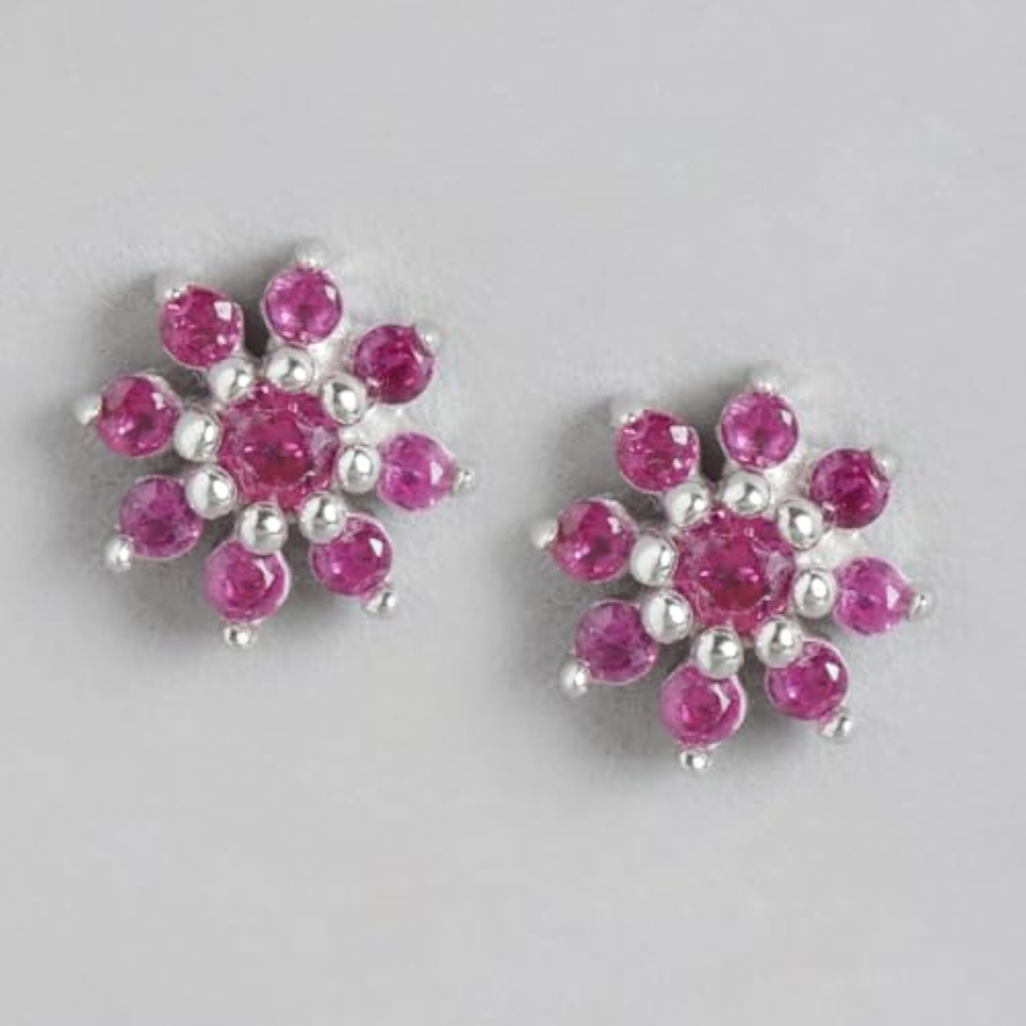 925 Silver Pink CZ Floral Stud Earrings with Hallmark
