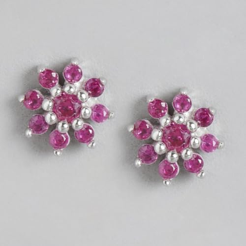 925 Silver Pink CZ Floral Stud Earrings with Hallmark