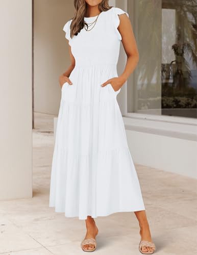 Image of ZESICA Women's 2026 Summer Casual Flutter Short Sleeve Smocked Midi Dress